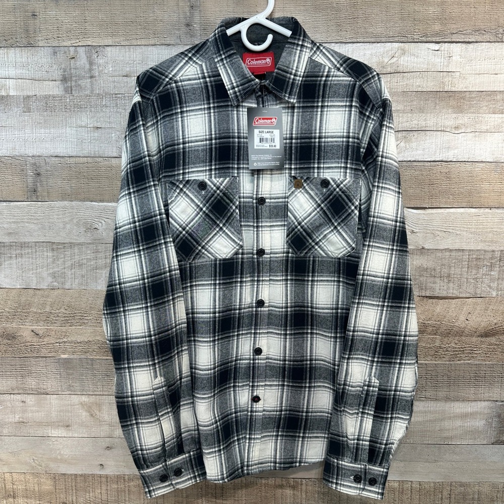 Coleman Mens‎ Black White Plaid Flannel Shirt Ivory 100% Cotton Size Large NWT